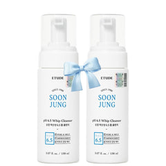 ETUDE SoonJung whip cleanser duo packaging shows a gentle, soothing cleanse for sensitive skin.