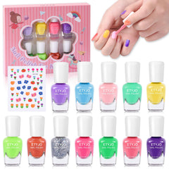 ETYJO Kids Nail Polish Set with 12 color bottles for playful manicures.