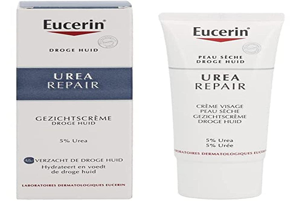 Eucerin 5% Urea smoothing face cream tube packaging demonstrates simple daily hydration