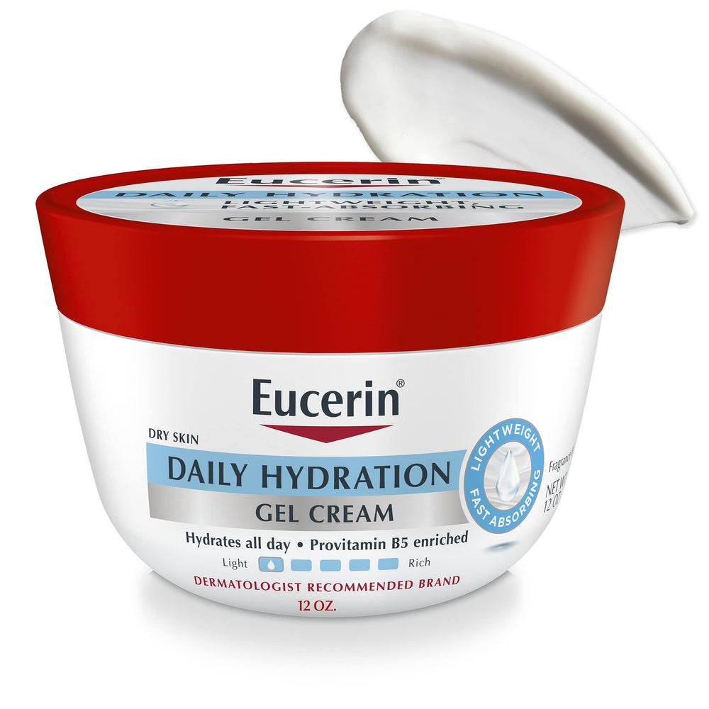 Eucerin Daily Hydration Gel Cream jar demonstrates fragrance-free hydration for gentle, long-lasting softness.