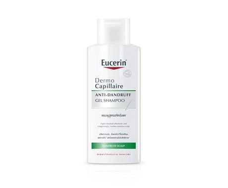 Eucerin DermoCapillaire anti-dandruff gel shampoo for sensitive greasy scalp cleanses and soothes irritation.