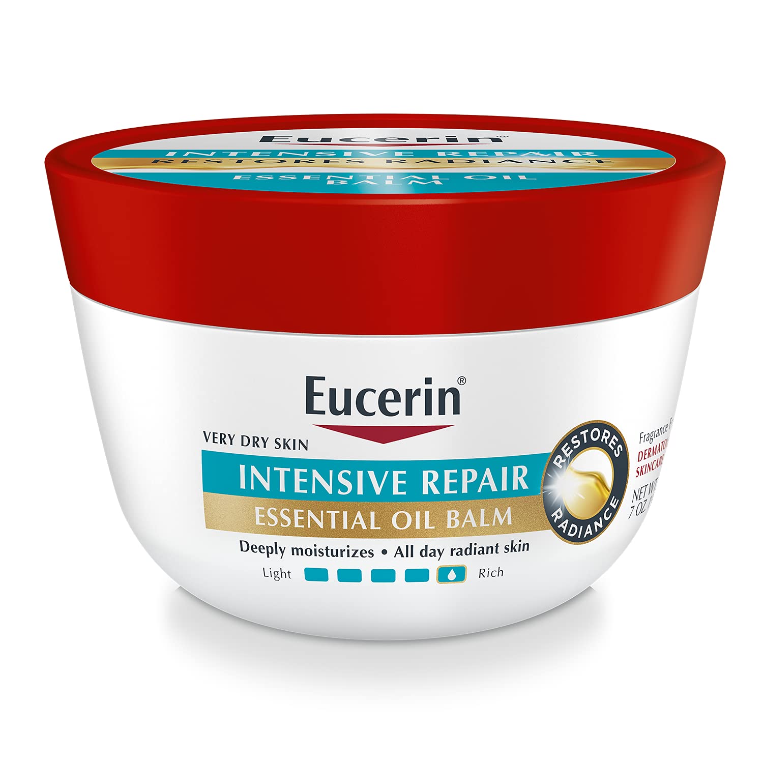 Eucerin Intensive Repair Essential Oil Balm jar close-up showing rich hydration for very dry skin