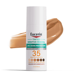 Eucerin Sun Tinted Mineral Sunscreen Lotion bottle front showing sheer protection for all skin tones.