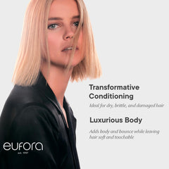 Eufora Bodifying Conditioner label close-up highlighting UV protection for vibrant color.