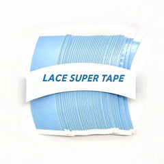 Eumos double-sided wig tape in blue with curved C shape for secure lace wigs.