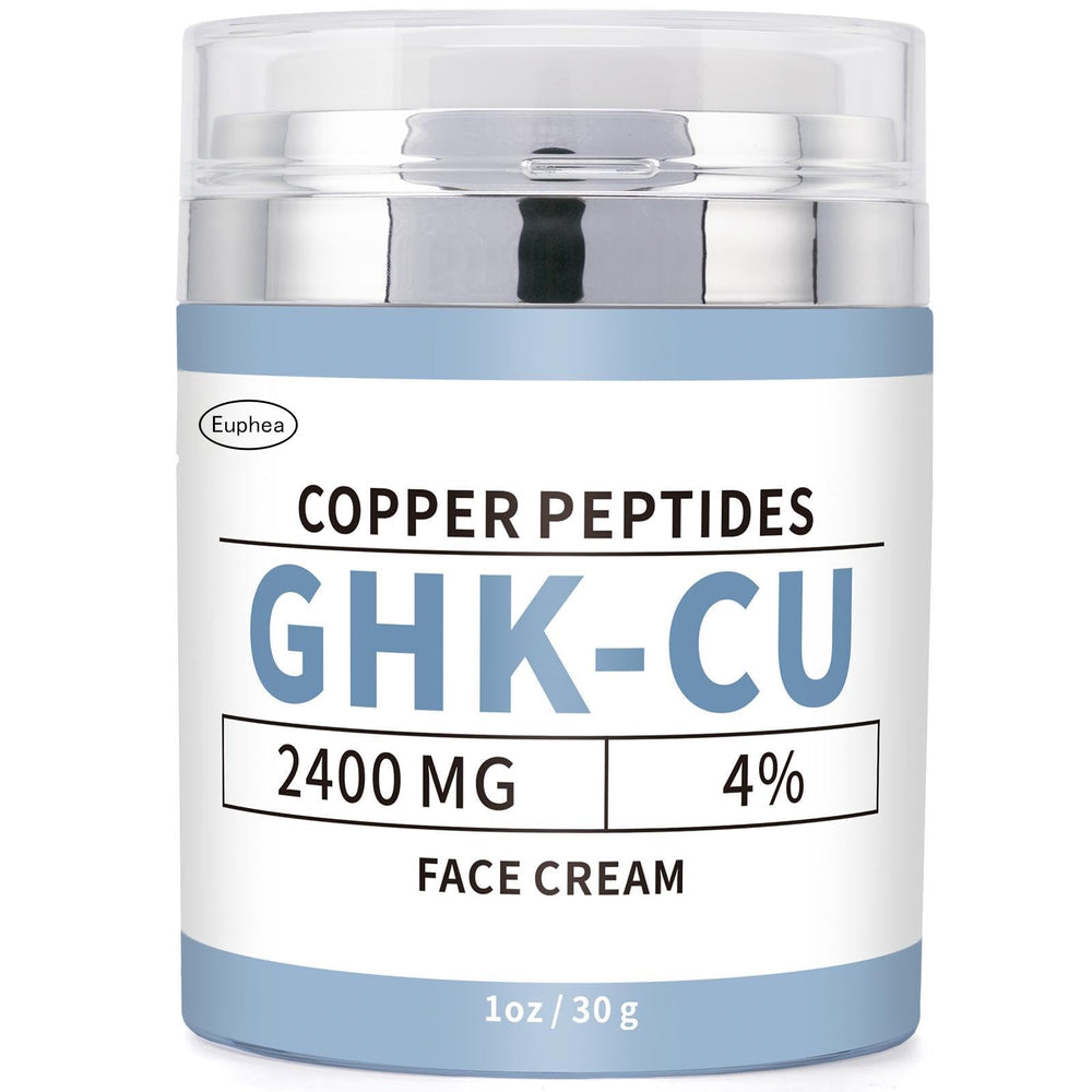 Euphea GHK-Cu copper peptide face cream bottle shows premium anti-aging formula for daily care.