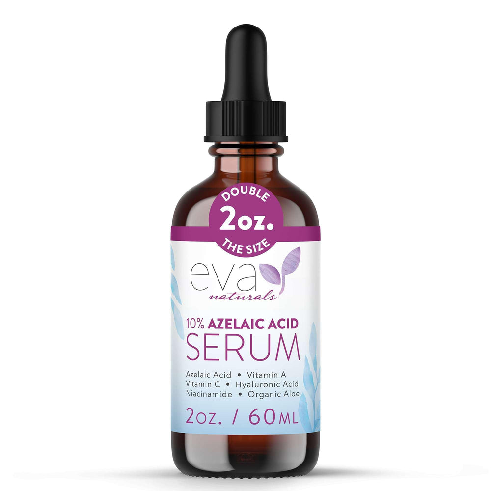 Eva Naturals azelaic acid serum bottle promotes even tone and gentle daily use.