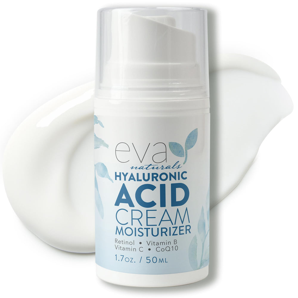 Eva Naturals Hyaluronic Acid Face Cream bottle close-up for deep hydration