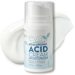 Eva Naturals Hyaluronic Acid Face Cream bottle close-up for deep hydration