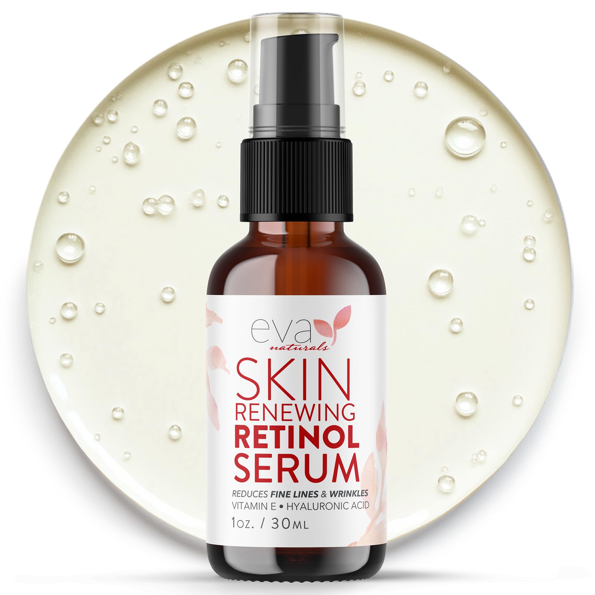 Eva Naturals Retinol Serum bottle with dropper for precise nighttime application.