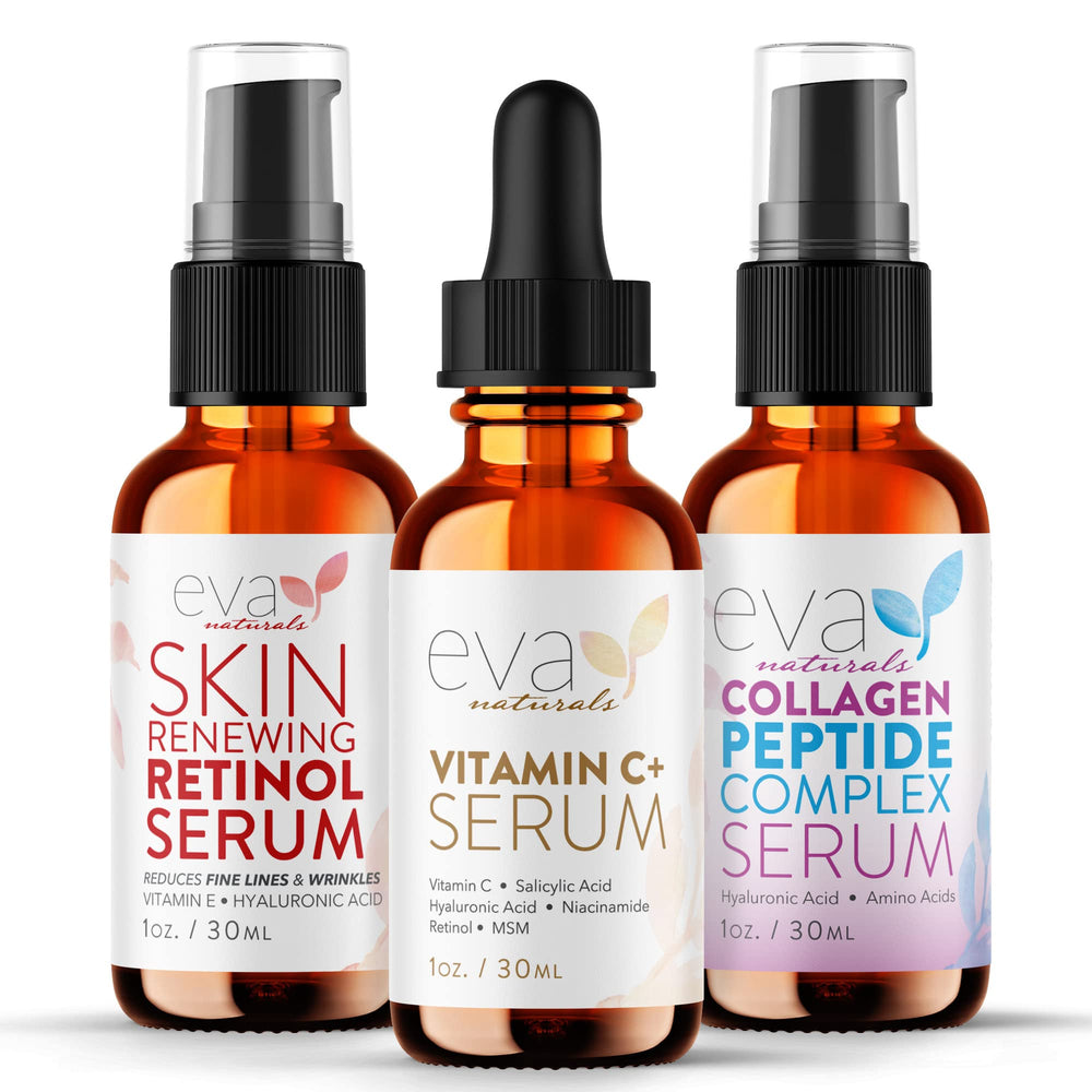 Eva Naturals Trifecta Vitamin C serum bottle promotes a brighter, more even complexion.