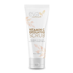 Eva Naturals Vitamin C Scrub bottle pouring for a refreshing cleanse and brightening.