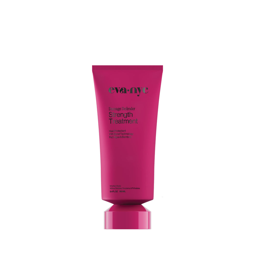 Eva NYC Repair Leave-In bottle pour demonstrates heat protection up to 450°F for styling.