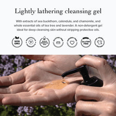 evanhealy Tea Tree Gel Cleanser lavender oil closeup conveying calming fragrance.