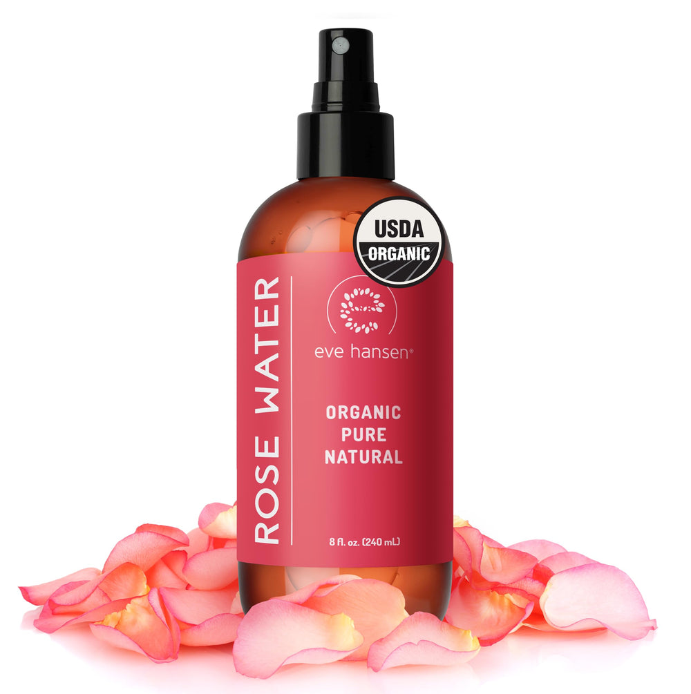 Eve Hansen Rose Water Spray bottle 8 oz ideal for refreshing and hydrating skin.