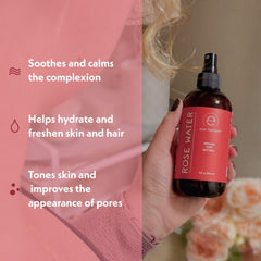 Face mist from Eve Hansen Rose Water Spray for daytime hydration.