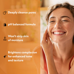 Ingredients graphic highlights vitamin C, aloe, and natural extracts for healthier-looking skin.
