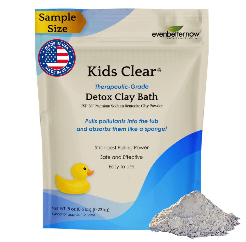 EvenbetterNow Kids Clear Detox Clay Bath package showing US-sourced clay for gentle cleansing.