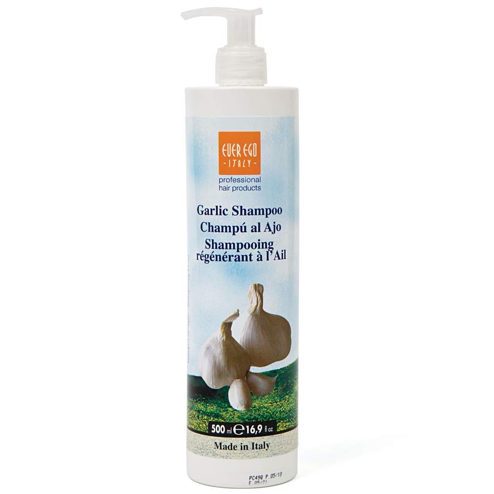 Ever Ego Italy garlic shampoo bottle pour highlighting repairing damaged hair.