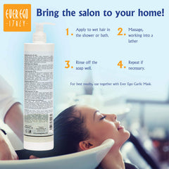 Ever Ego Italy garlic shampoo creamy foam providing hydration for dry hair.