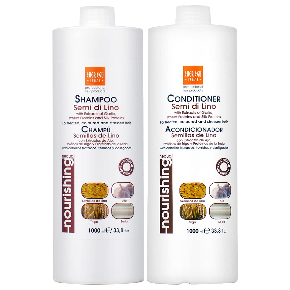 Ever Ego Italy semi de lino shampoo and conditioner set bottles for nourished, easy-to-style hair.