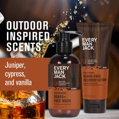 Every Man Jack beard and face wash foam close-up highlights soothing cleansing.