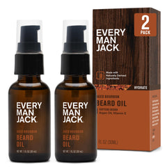 Every Man Jack beard oil aged bourbon bottle showing premium packaging and natural shine