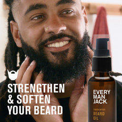 Every Man Jack beard oil in hand demonstrates smooth beard results.