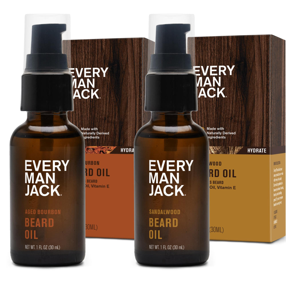 Every Man Jack beard oil bottle with aged bourbon and sandalwood scent.