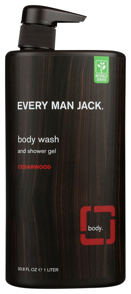 Every Man Jack Cedarwood body wash bottle pour for smooth cleansing in daily routine.