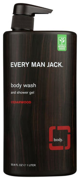 Every Man Jack Cedarwood body wash bottle pour for smooth cleansing in daily routine.
