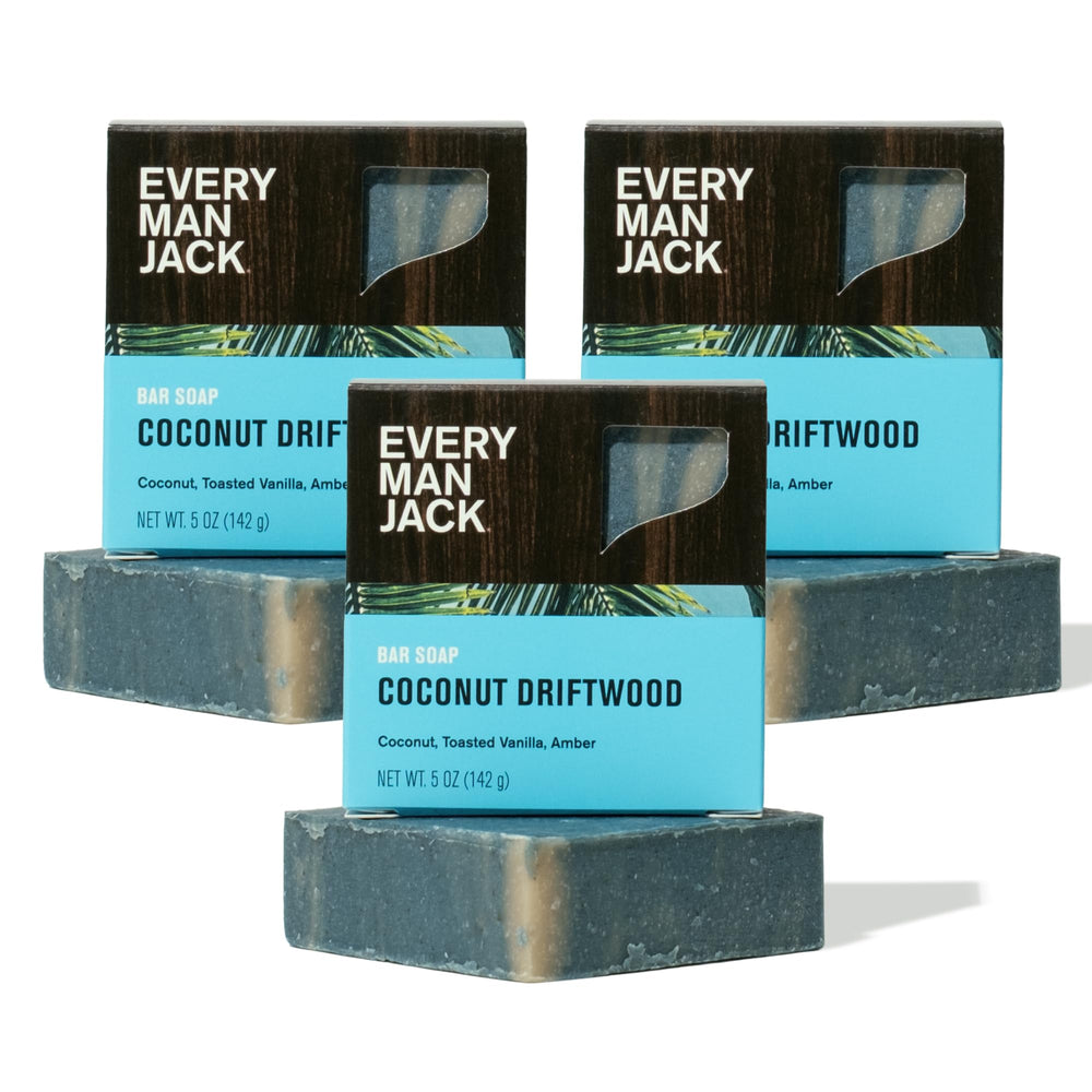 Every Man Jack coconut driftwood soap pack closeup showing rich lather and natural ingredients.