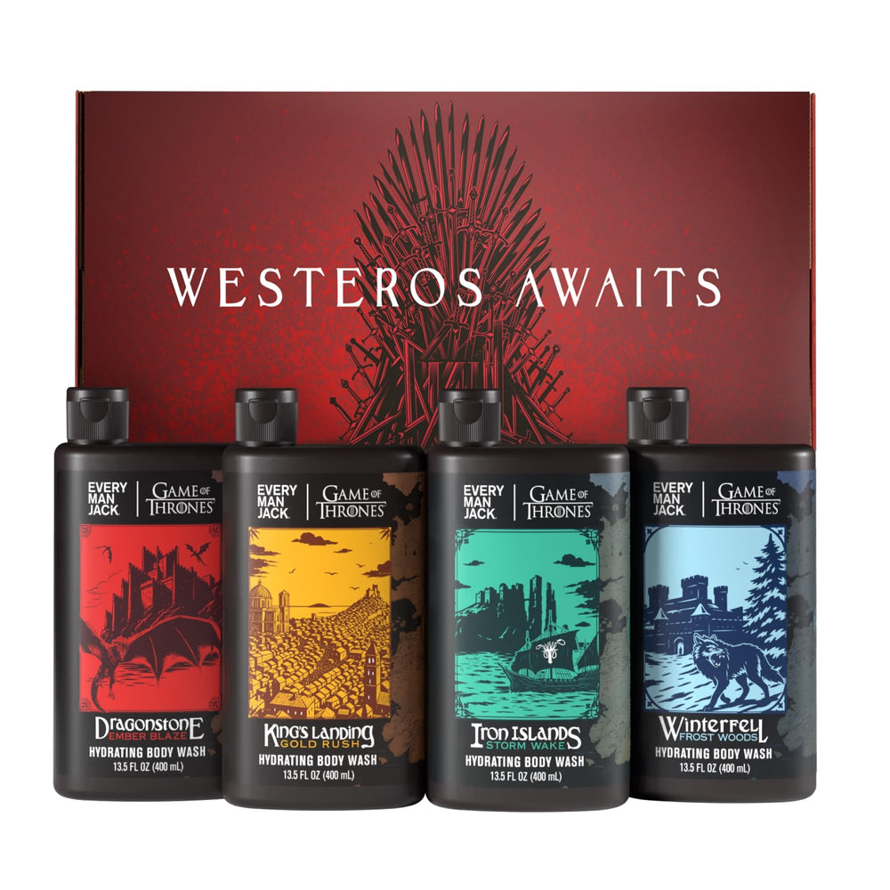 Every Man Jack Game of Thrones collector box front art, a fan-worthy display and gift-ready packaging.