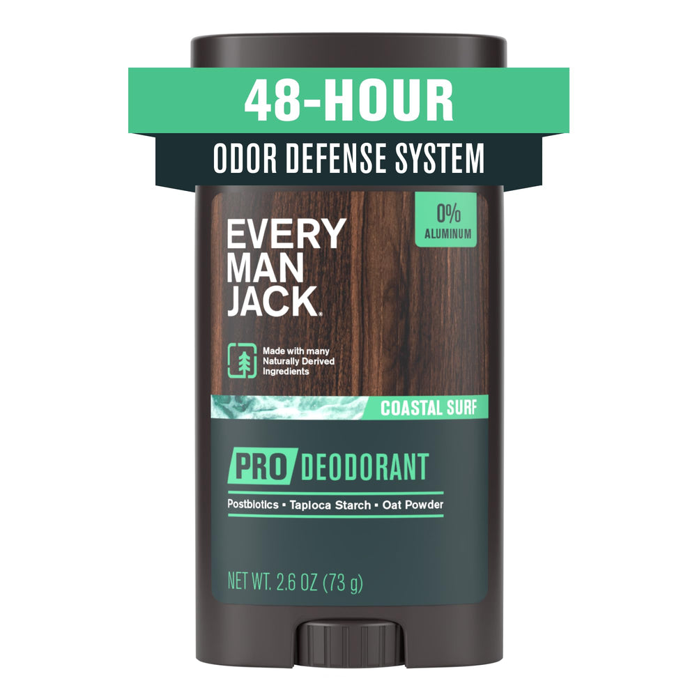 Every Man Jack Pro Deodorant Coastal Surf bottle highlights aluminum-free protection and long-lasting odor defense.