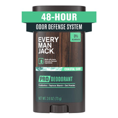 Every Man Jack Pro Deodorant Coastal Surf bottle highlights aluminum-free protection and long-lasting odor defense.