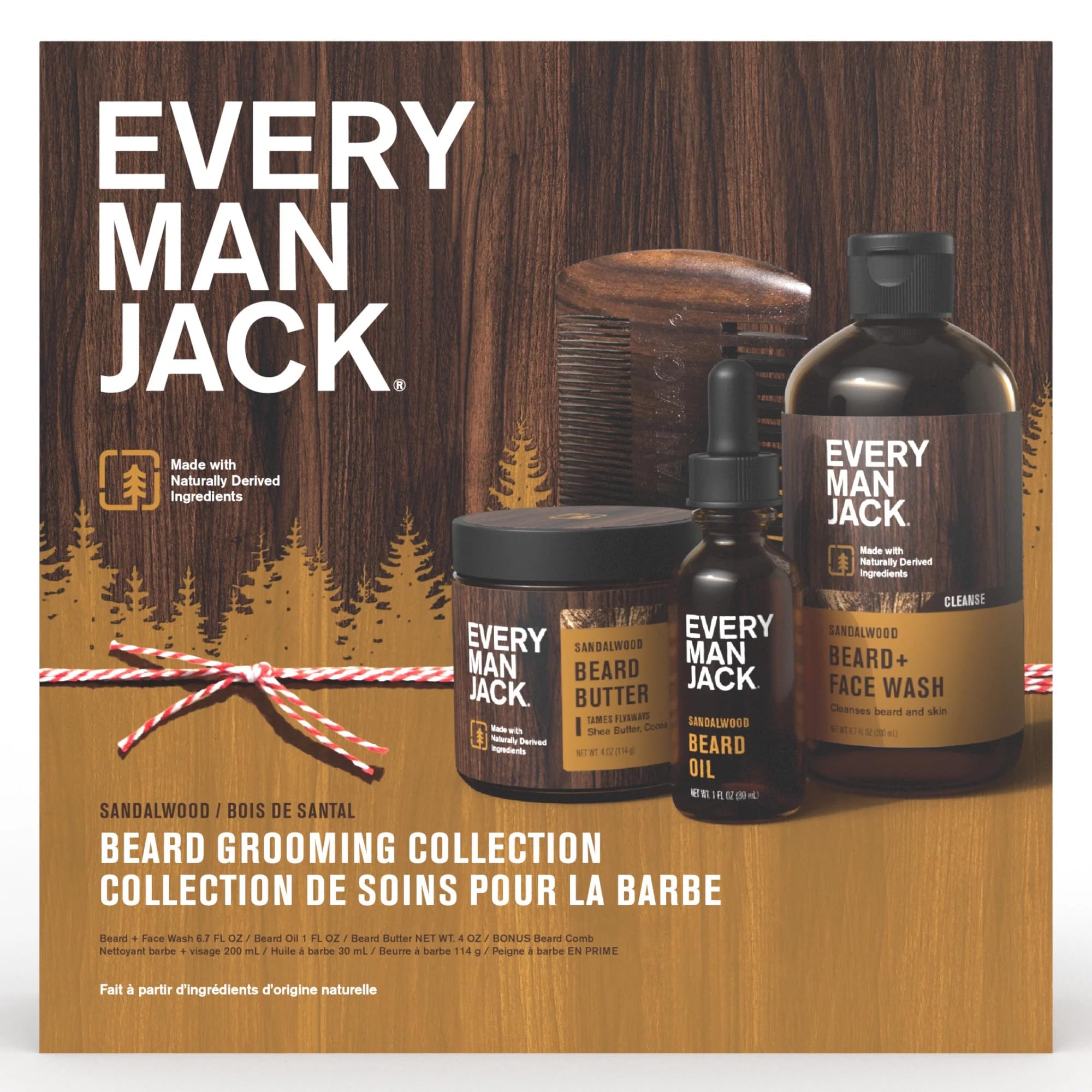 Every Man Jack sandalwood beard kit packaging with gift-ready presentation