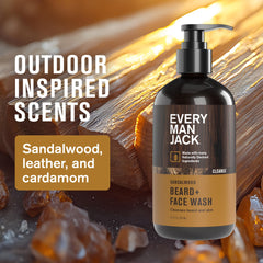 Every Man Jack Sandalwood Beard Wash foam close-up highlights rich lather.