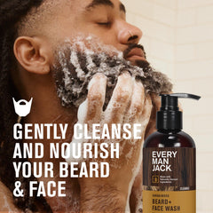 Every Man Jack Sandalwood Beard Wash pour action shows quick lather.