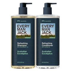 Every Man Jack shampoo Australian eucalyptus bottle pouring for a refreshing scalp cleanse.