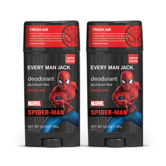 Every Man Jack Spider-Man deodorant twin pack front view with long-lasting odor control.