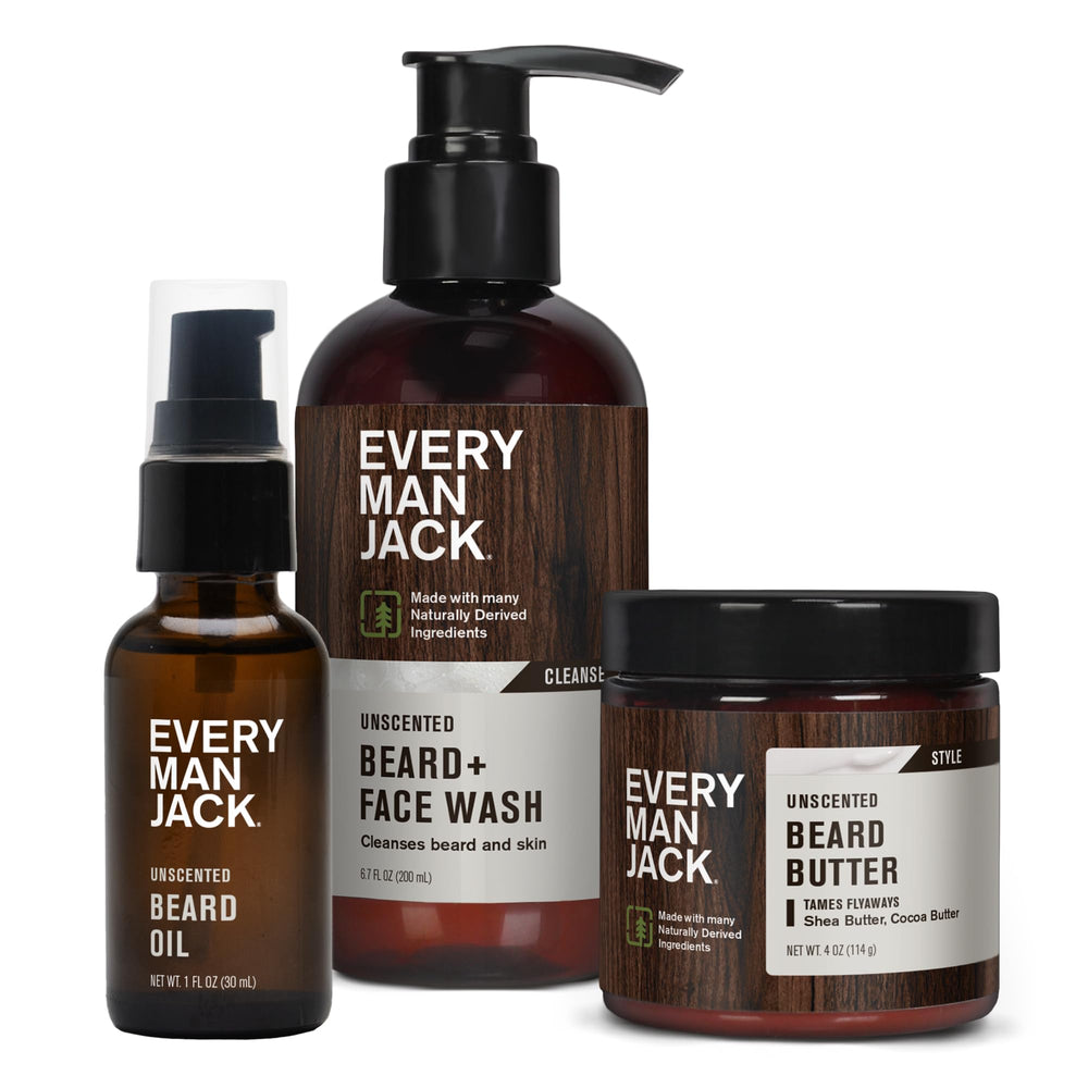 Every Man Jack unscented beard bundle pack shot showing fragrance-free grooming trio for sensitive skin