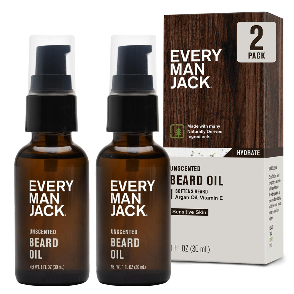 Every Man Jack unscented beard oil bottle for fragrance-free grooming.