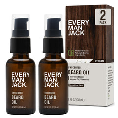 Every Man Jack unscented beard oil bottle for fragrance-free grooming.