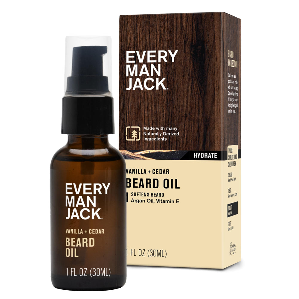 Every Man Jack Vanilla Cedar Beard Oil bottle 1oz smooths beard.