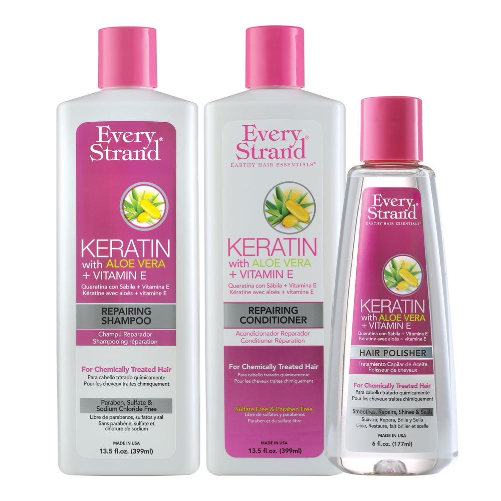 Every Strand Keratin Shampoo bottle front shows a gentle, sulfate-free cleanser for keratin-treated hair.