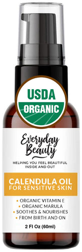Everyday Beauty calendula oil 2oz bottle, ideal for sensitive skin hydration.