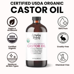 Everyday Beauty Castor Oil label closeup shows purity and hexane-free cold-pressed oil.
