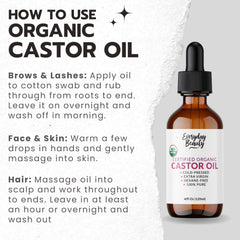 Everyday Beauty castor oil bottle close-up suitable for castor oil packs.