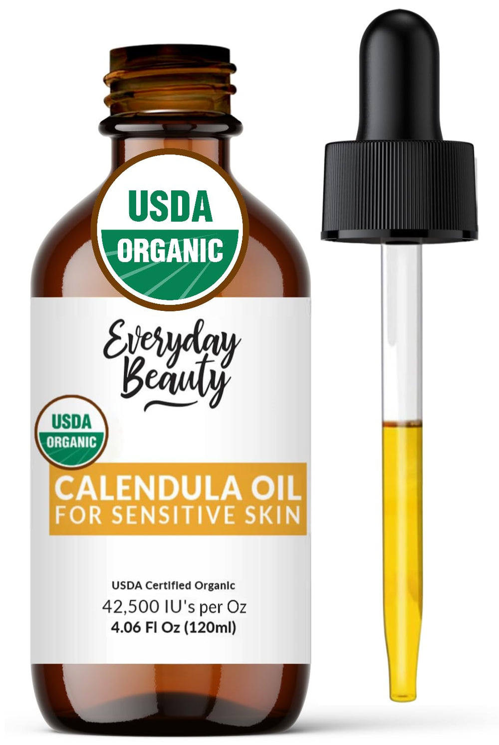 Everyday Beauty calendula oil bottle with dropper for gentle facial hydration.