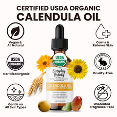 Everyday Beauty Calendula Oil bottle demonstrates a lightweight unscented formula for sensitive skin.